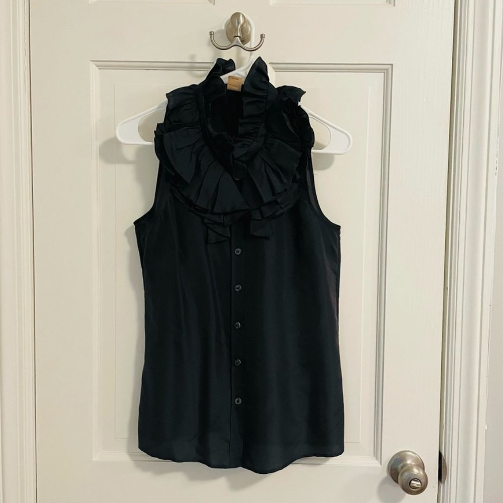 J.Crew | Silk Ruffle Neck Sleeveless Blouse | Black | Size 4